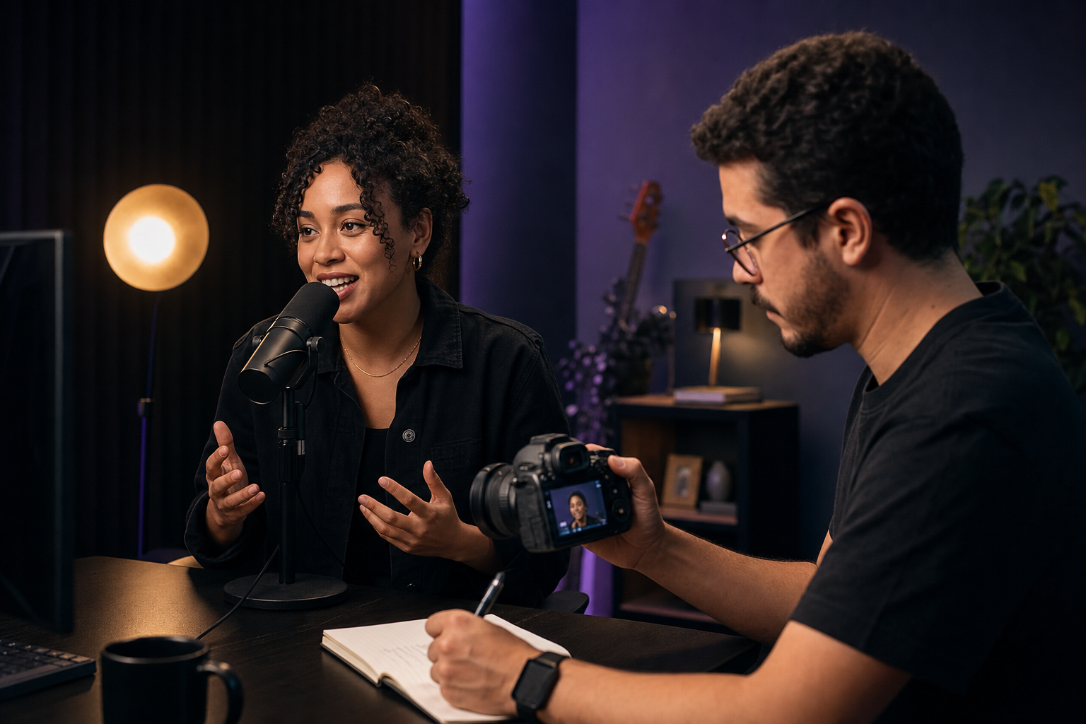 Creators recording and reviewing a podcast