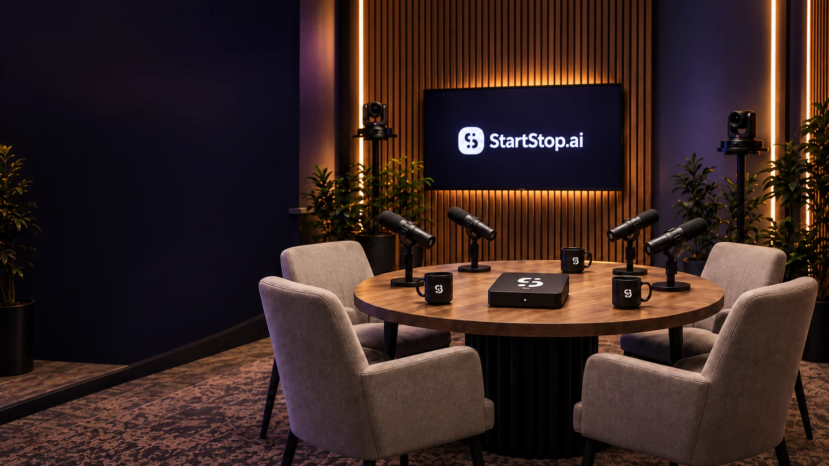 Estudio StartStop con cuatro posiciones, micrófonos y HUB en la mesa.