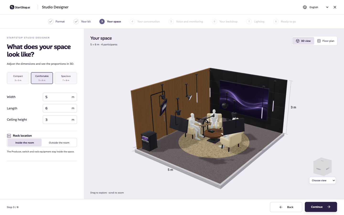 El Podcast Designer real con dimensiones y distribución 3D de un estudio para cuatro personas.